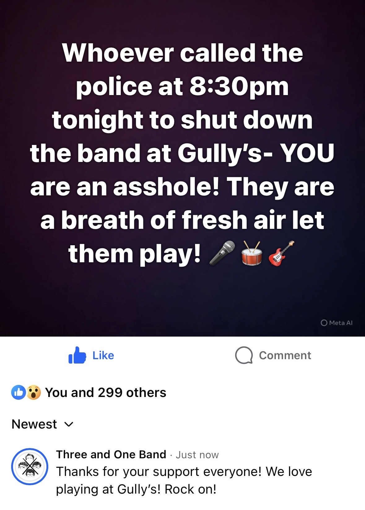 Facebook post praising Three and One after their set at Gully's