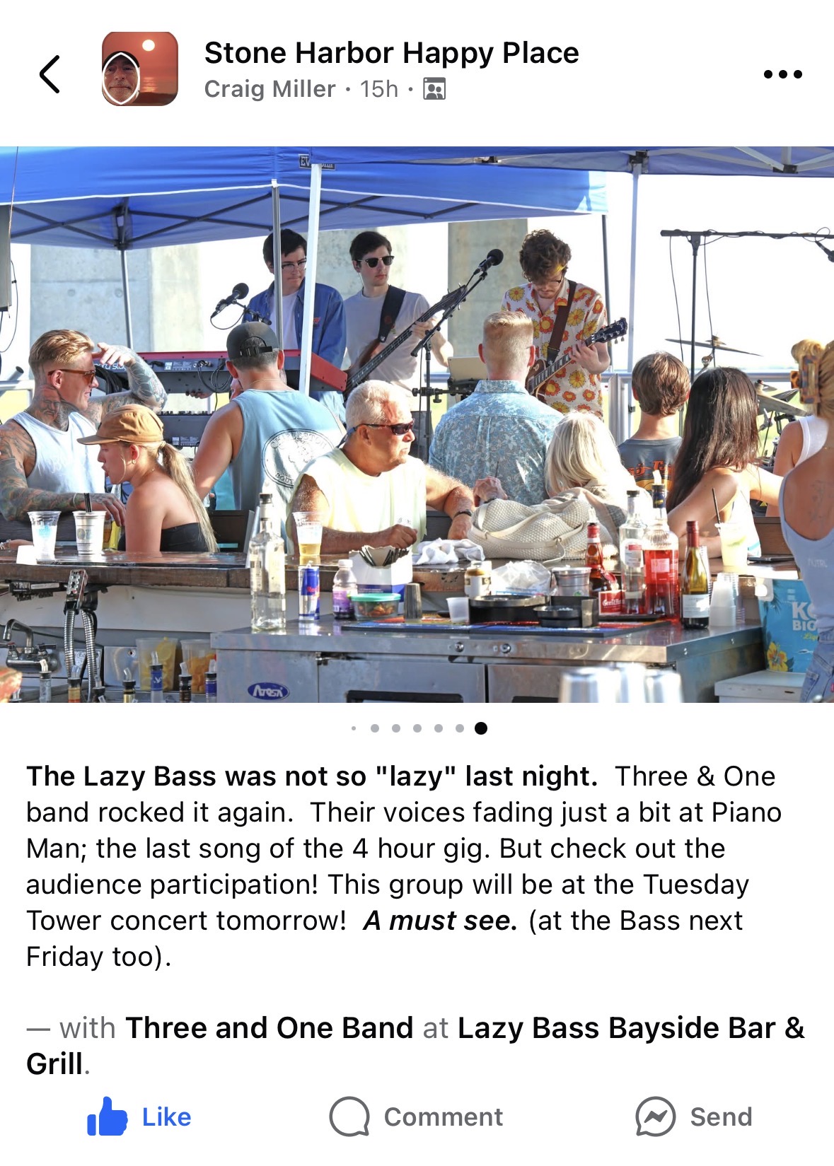Facebook post from Stone Harbor Happy Place about Three and One playing Lazy Bass Bayside Bar & Grill